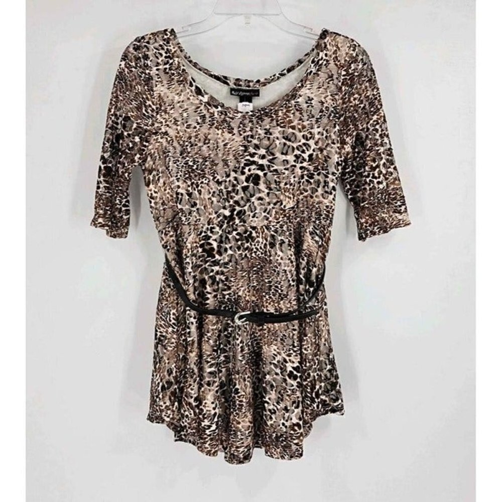 New Self Esteem Lined Animal Print Elbow Sleeve Belted Stretch Top Sz M